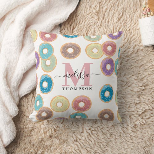 Colorful Pastel Donuts  Sprinkles Monogram Throw Pillow
