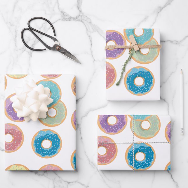 Colorful Pastel Donuts & Sprinkles Pattern Wrapping Paper Sheets (Front)