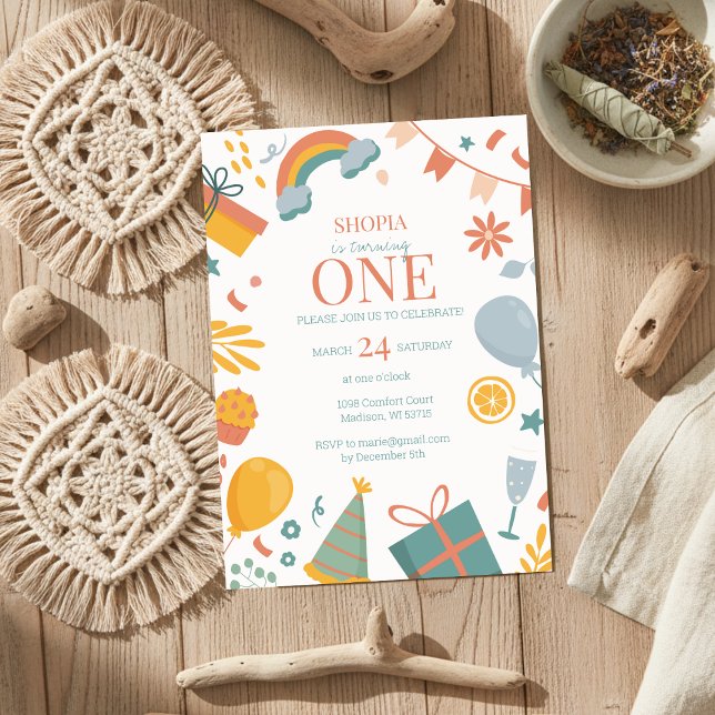 Colorful Pastel Doodle 1st Birthday Invitation  (Creator Uploaded)