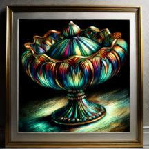 Colorful Pastel Drawing Antique Art Glass Compote