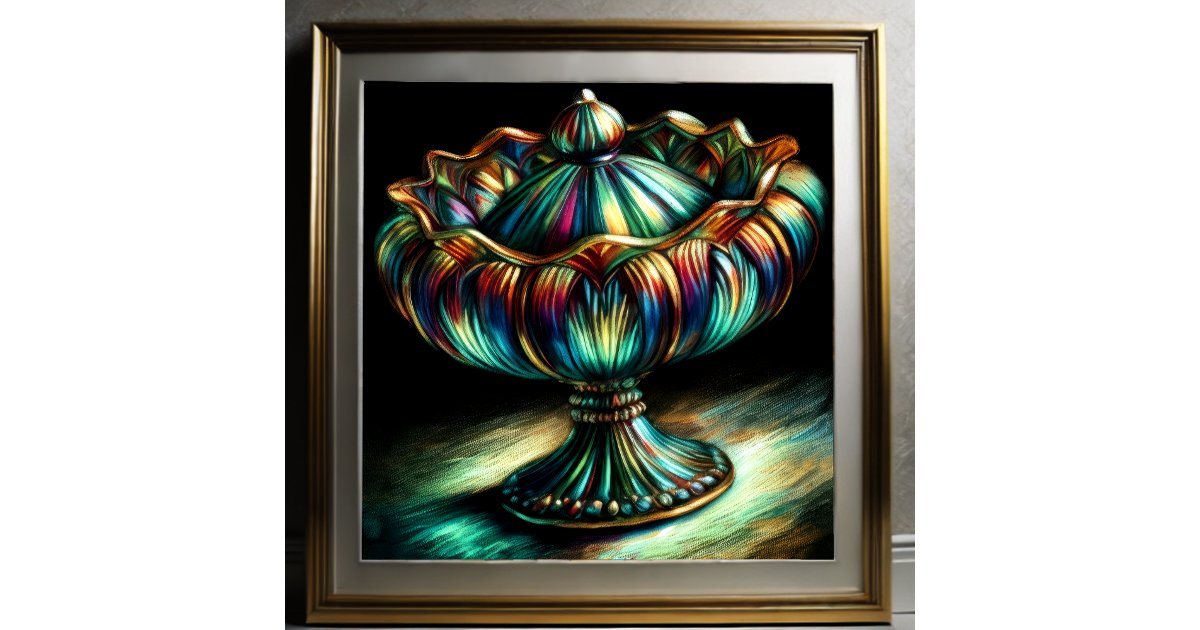 Colorful Pastel Drawing Antique Art Glass Compote Poster | Zazzle