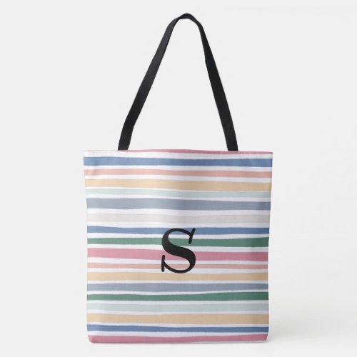 Colorful Pastel Dusty Lines Stripes  MONOGRAM Tote Bag