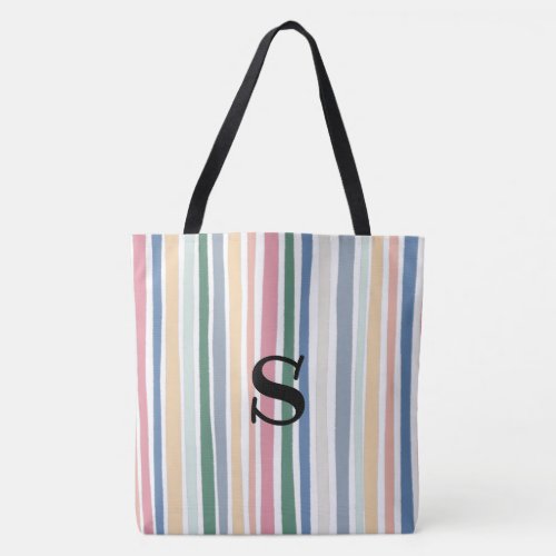 Colorful Pastel Dusty Lines Stripes  MONOGRAM Tote Bag