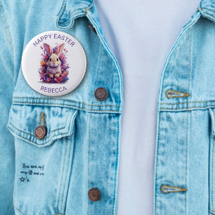 Colorful Pastel Easter Bunny & Watercolor Florals Button