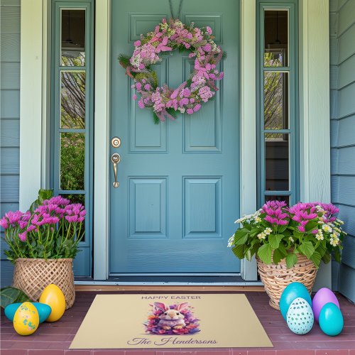 Colorful Pastel Easter Bunny  Watercolor Florals Doormat