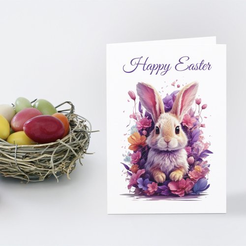 Colorful Pastel Easter Bunny  Watercolor Florals Holiday Card