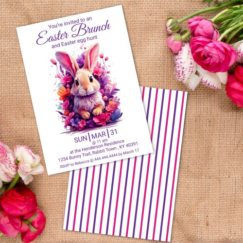 Colorful Pastel Easter Bunny  Watercolor Florals Invitation