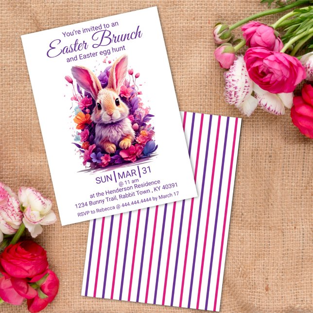 Colorful Pastel Easter Bunny & Watercolor Florals Invitation (Creator Uploaded)