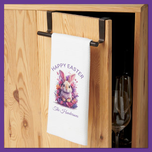 Colorful Pastel Easter Bunny & Watercolor Florals Kitchen Towel