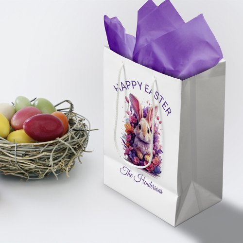 Colorful Pastel Easter Bunny  Watercolor Florals Medium Gift Bag