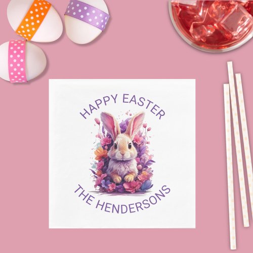 Colorful Pastel Easter Bunny  Watercolor Florals Napkins