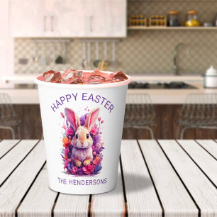 Colorful Pastel Easter Bunny & Watercolor Florals Paper Cups