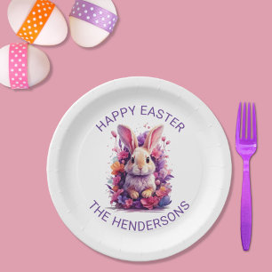 Colorful Pastel Easter Bunny & Watercolor Florals Paper Plates