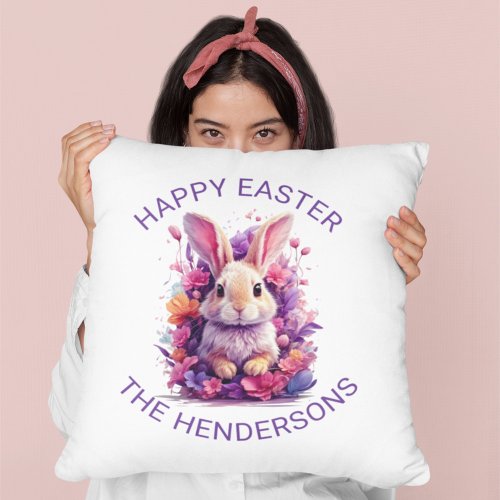 Colorful Pastel Easter Bunny  Watercolor Florals Throw Pillow