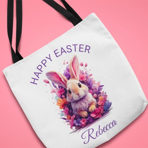 Colorful Pastel Easter Bunny  Watercolor Florals Tote Bag