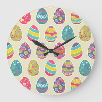 Colorful Pastel Easter Eggs Cute Pattern Large Clock by ZeraDesign at Zazzle