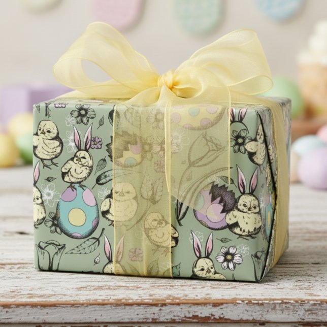 Colorful Pastel Easter Rabbit Ears Wrapping Paper (Cute Easter Chicks Wrapping Paper with Rabbit Ears & Colorful Eggs for Kids Easter Baskets, Egg Hunt)