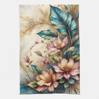 Colorful pastel floral and leaves kitchen towel