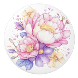 Colorful Pastel Flowers Floral Ceramic Knob