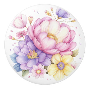 Colorful Pastel Flowers Floral Ceramic Knob