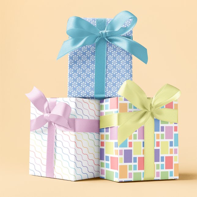 Colorful Pastel Geometric Pattern Wrapping Paper Sheets (Pastel rainbow spring blue set of 3 wrapping paper sheets)