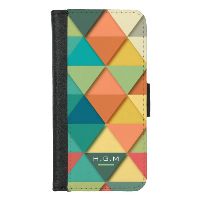Colorful Pastel Geometric Triangles Monogram iPhone Wallet Case (Front)