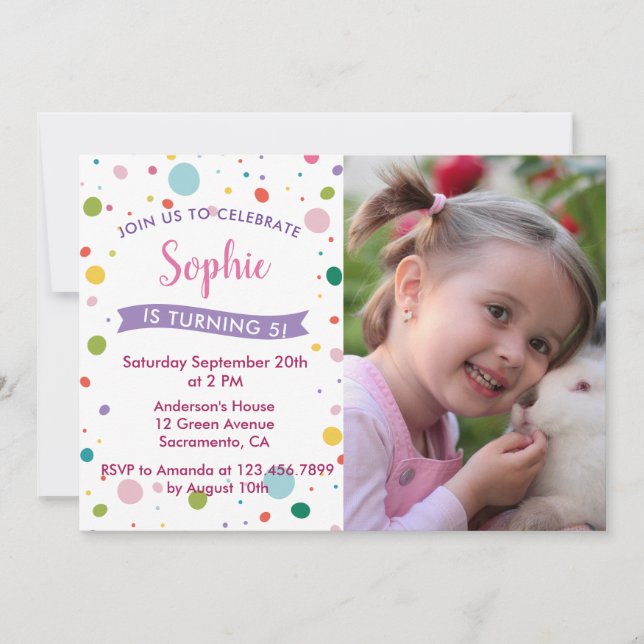 Colorful Pastel Girl 5th Birthday Party Photo Invitation (Front)