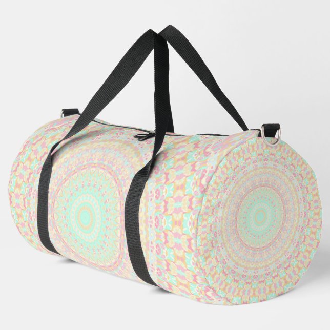 Colorful Pastel Groovy Trippy Boho Hippie Mandala Duffle Bag (Left Corner)