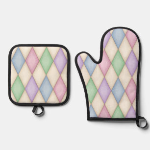 Colorful Pastel Harlequin Oven Mitt & Pot Holder Set