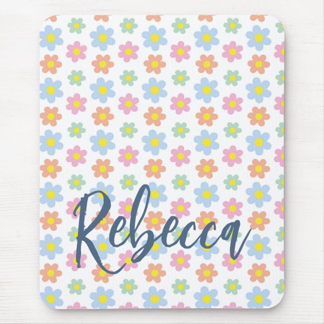 Colorful pastel hippy flowers girly 70s design mouse pad (Front)