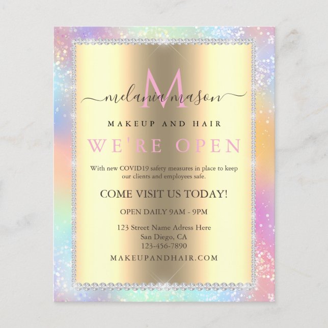 Colorful Pastel Holographic Glitter Diamonds Salon Flyer (Front)