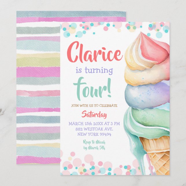 Colorful pastel Ice Cream Birthday Invitation (Front/Back)