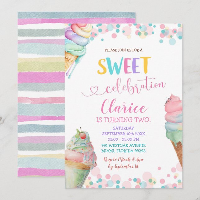 Colorful pastel Ice Cream Sweet Birthday Invitation (Front/Back)
