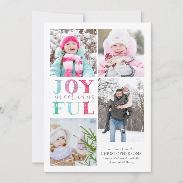 Colorful Pastel JOYFUL GREETINGS 4 Photos Holiday Card (Front)