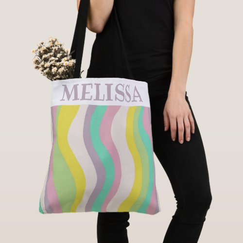 Colorful Pastel Lines Stripes Curves  MONOGRAM Tote Bag