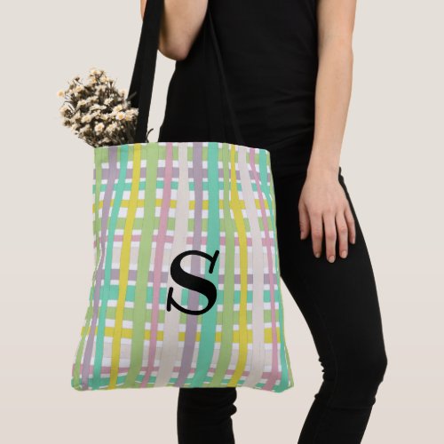 Colorful Pastel Lines Stripes Grid Plaid MONOGRAM Tote Bag