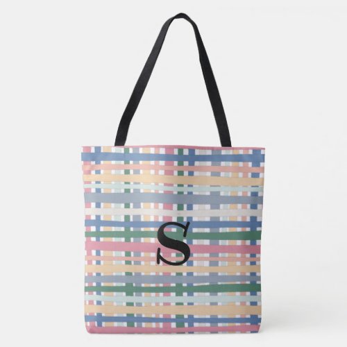 Colorful Pastel Lines Stripes Grid Plaid MONOGRAM Tote Bag