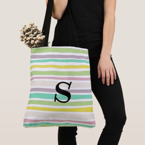 Colorful Pastel Lines Stripes MONOGRAM Tote Bag