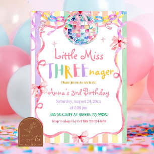 Colorful Pastel Little Miss Threenager Birthday Invitation
