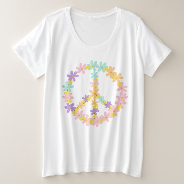 Colorful Pastel Mermaid Colors Floral Peace Sign  Plus Size T-Shirt (Design Front)