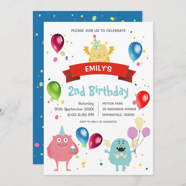 Colorful Pastel Monster Bash Balloon Kids Birthday Invitation (Front/Back)