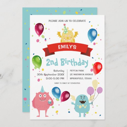 Colorful Pastel Monster Bash Balloon Kids Birthday Invitation