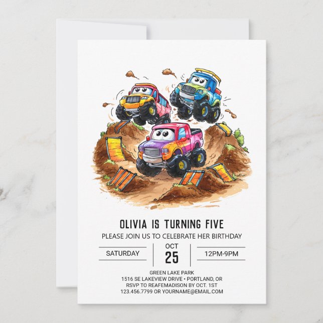 Colorful Pastel Monster Truck Birthday Invitation (Front)