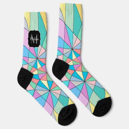 Colorful Pastel Mosaic Triangle Pattern Monogram Socks