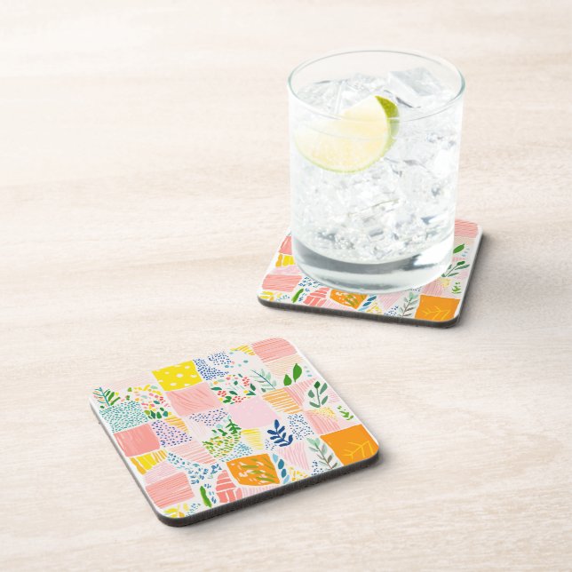 Colorful Pastel Patchwork Preppy Beverage Coaster (Right Side)