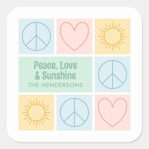 Colorful Pastel Peace Love and Sunshine Holiday Square Sticker