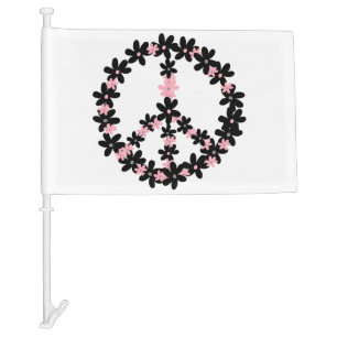 Colorful Pastel Pink Black Floral Peace Sign Car Flag
