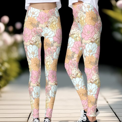 Colorful Pastel Pink Floral Pattern Leggings