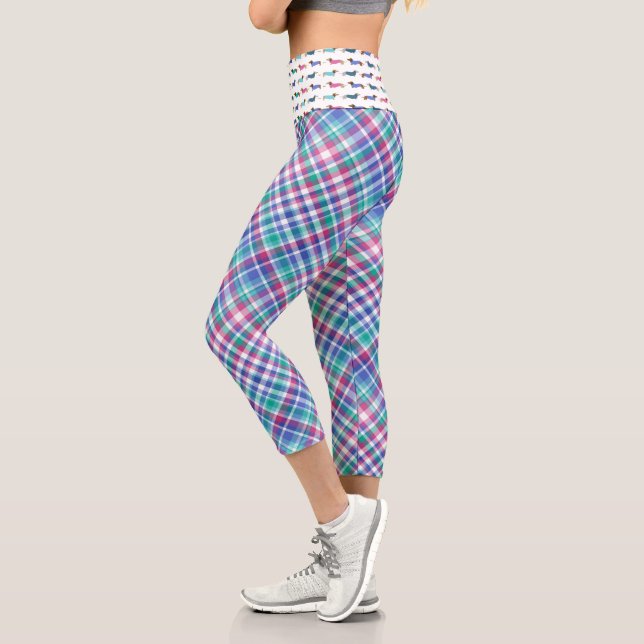 Colorful Pastel Plaid with Dachshund Waist Capri Leggings (Left)