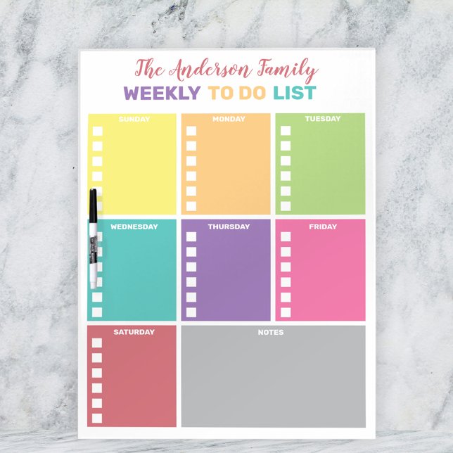 Colorful Pastel Rainbow Personalized Family Weekly Dry Erase Board (Creator Uploaded)